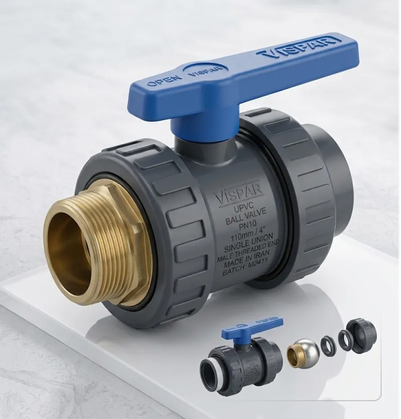 شیر توپی مهره ماسوره ای یک سر دنده UPVC ویسپار